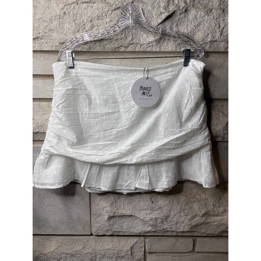 Princess Polly White Swiss Dot Ruched Ruffle Mini Skirt Womens US 12 NWT - Picture 1 of 11